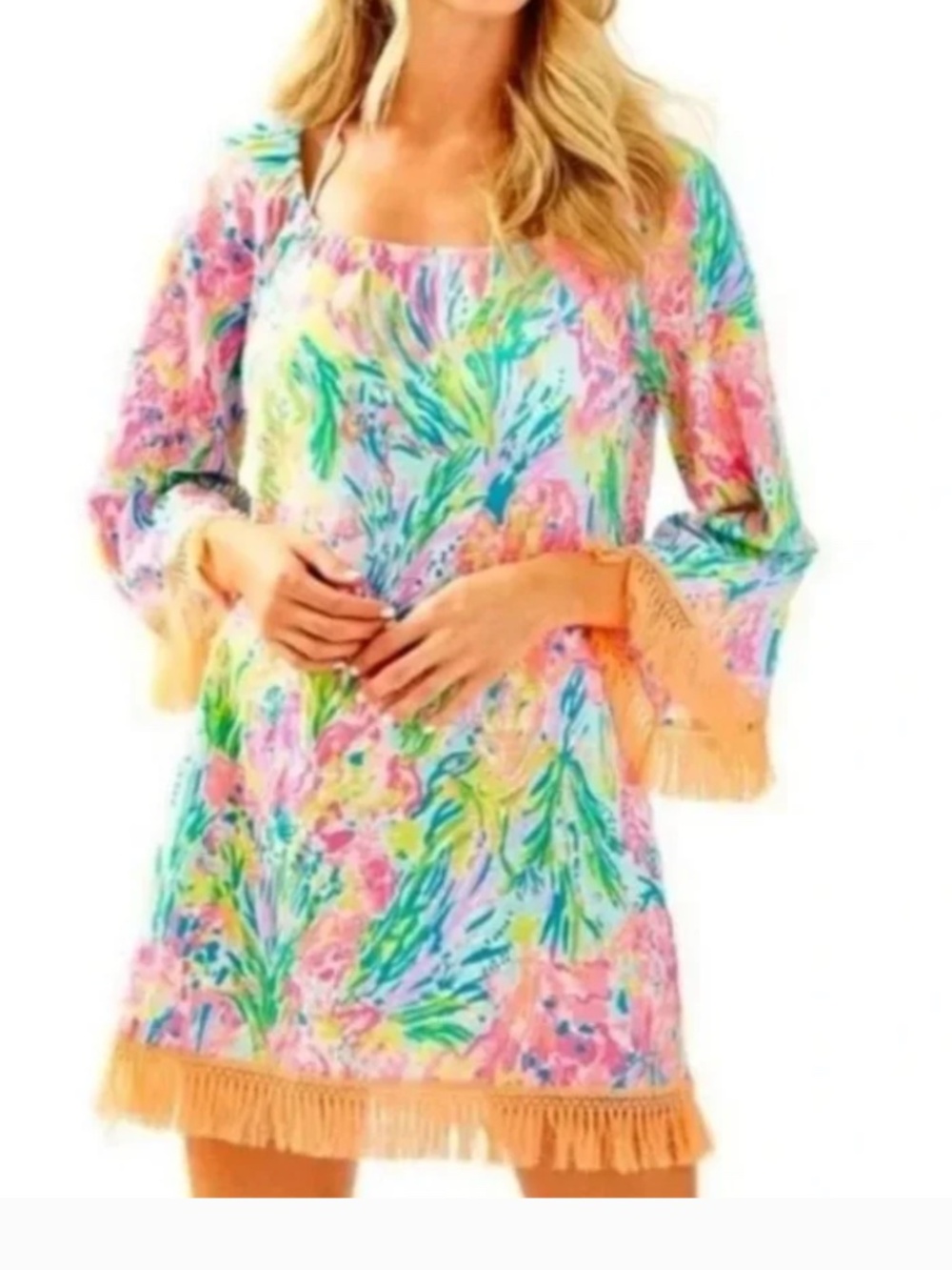 Lilly Pulitzer Linen Fan Sea Pants Getaway Fringe Trim Mini Dress M Cover Up